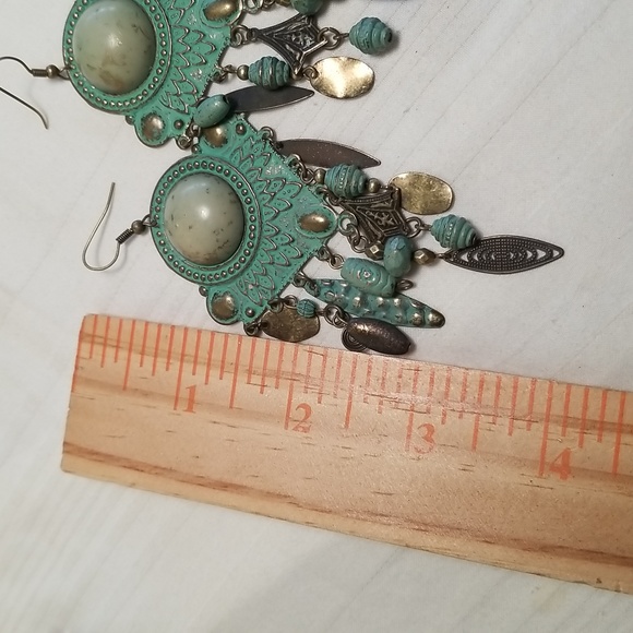 Gold Teal Southwest Beaded  Earrings - Picture 3 of 4